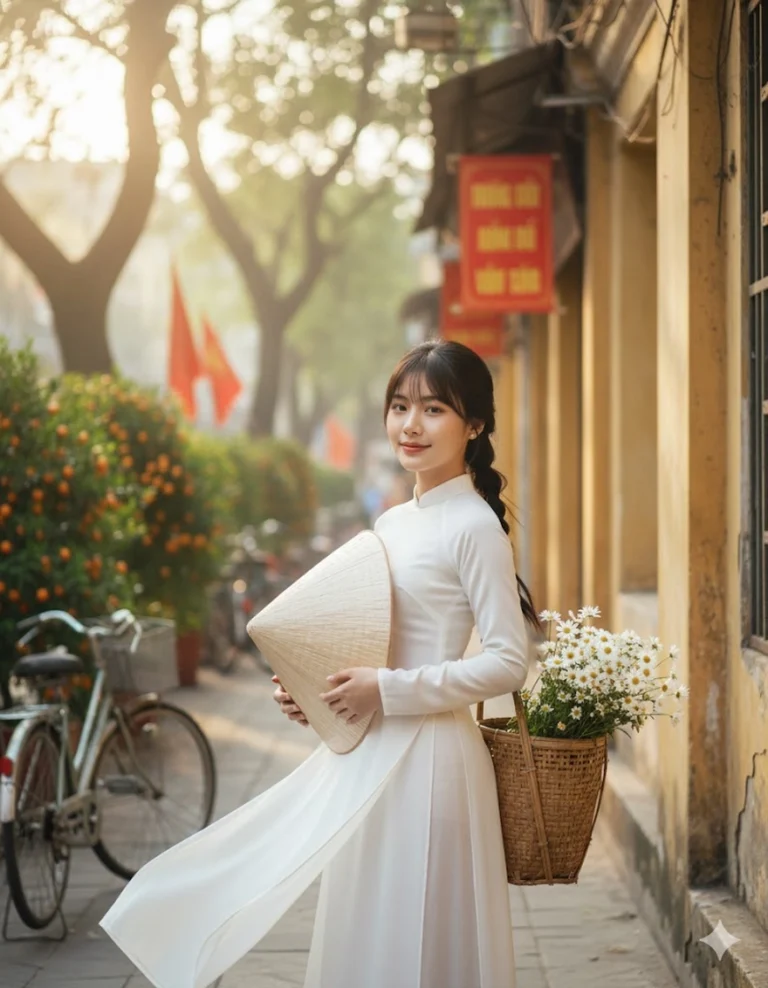 Áo dài trắng tinh khôi giữa phố cổ Hà Nội mùa xuân tươi mới