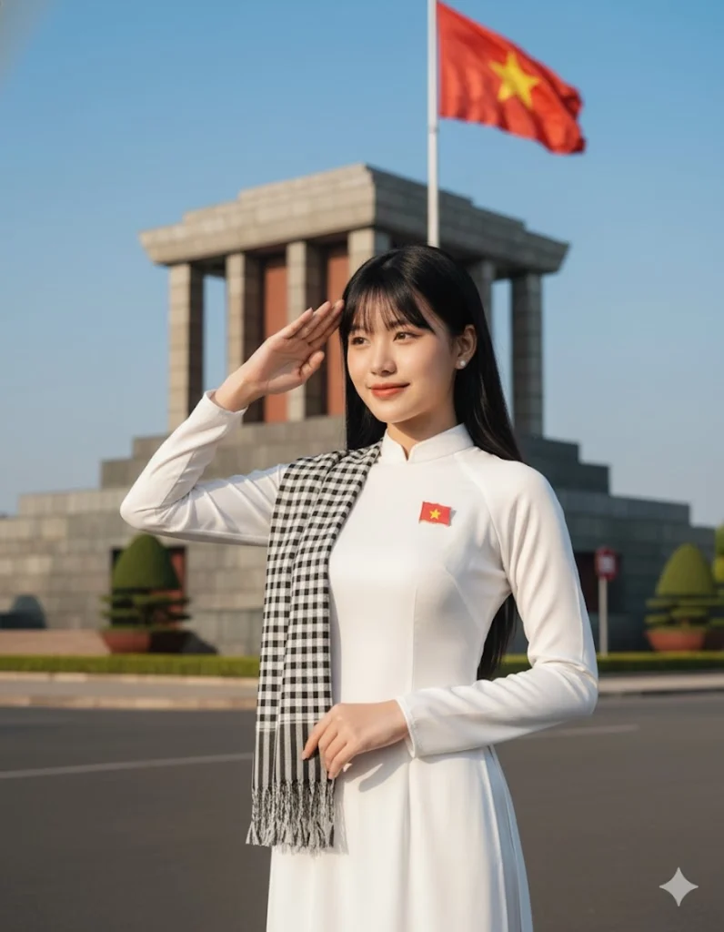 Tỏa sáng với áo dài trắng trong khoảnh khắc tự hào trước Lăng Bác Hồ tại Hà Nội