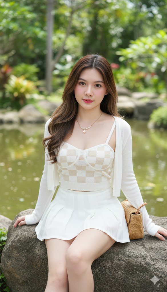 Vẽ chân dung đẹp của cô gái thanh lịch bên hồ trong công viên nhiệt đới