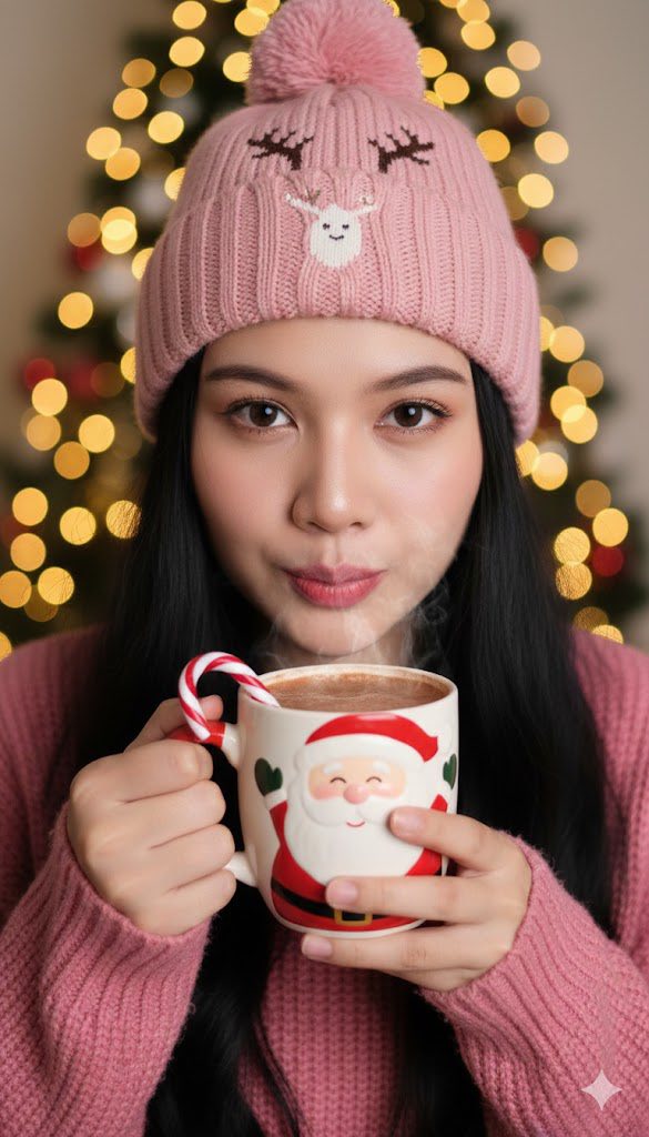 Nàng gái mùa đông và ly cacao nóng giữa không khí Giáng sinh ấm áp