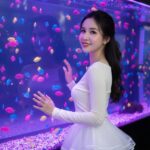 Cô gái xinh đẹp bên bể cá rực rỡ sắc màu trong ánh sáng neon ấn tượng