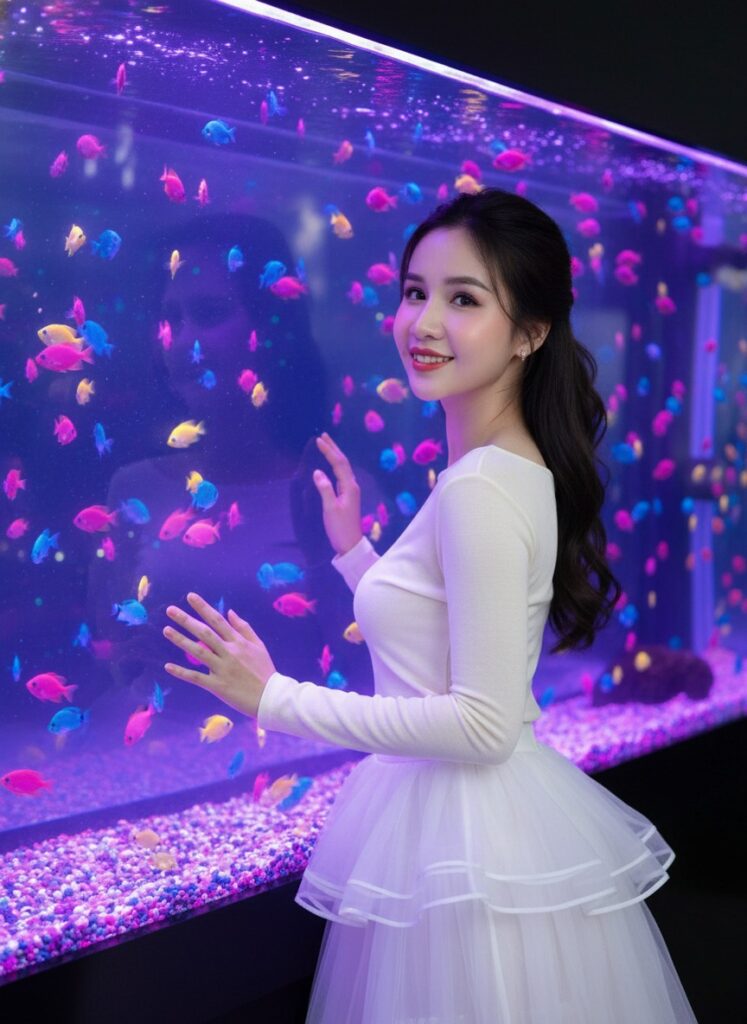 Cô gái xinh đẹp bên bể cá rực rỡ sắc màu trong ánh sáng neon ấn tượng