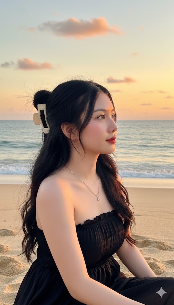 Chân dung cô gái trẻ bên bờ biển dưới ánh hoàng hôn tuyệt đẹp
