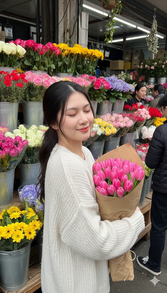 Cô gái xinh đẹp bên hoa tulip trong không gian chợ hoa đầy màu sắc