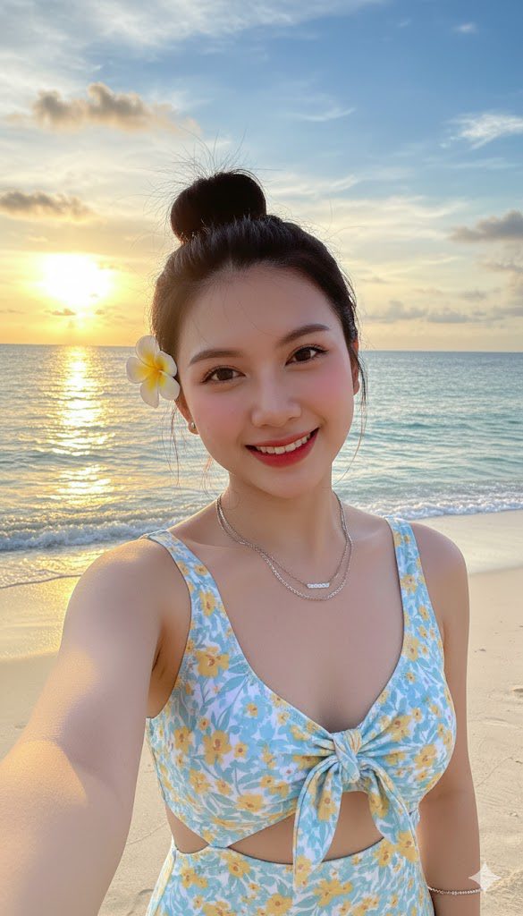 Chụp ảnh chân dung sinh động của cô gái trẻ bên biển rực rỡ và tươi vui