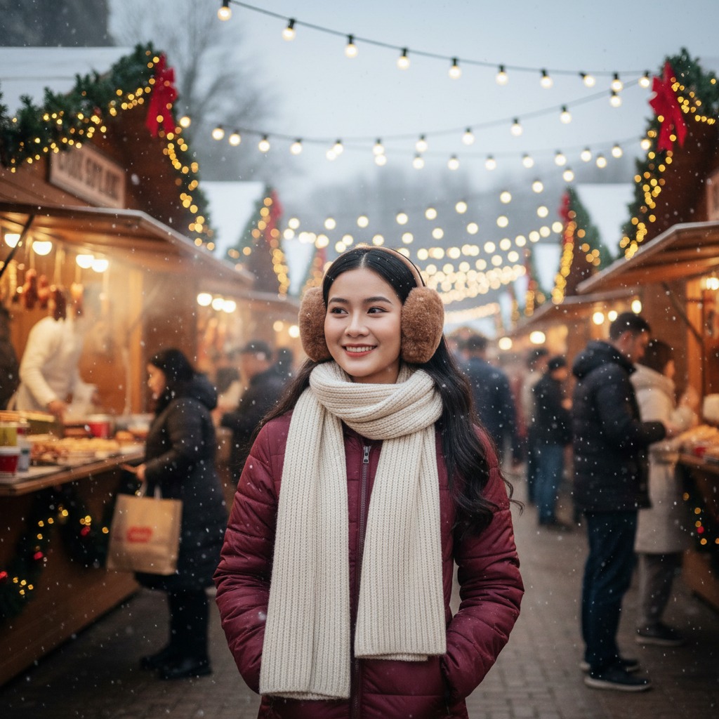 Tạo chân dung siêu thực 8K của cô gái Việt tại chợ Giáng Sinh sôi động