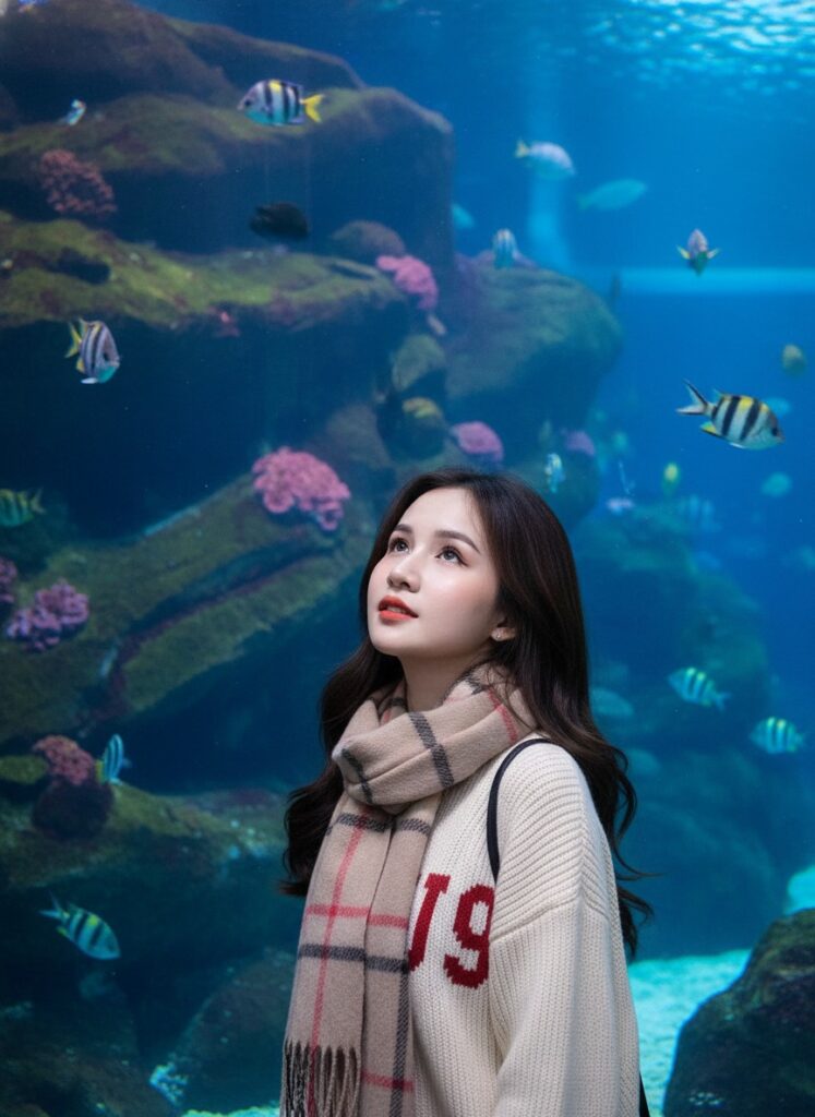Chân dung nữ trong bể cá sâu sắc với ánh sáng biển tuyệt đẹp
