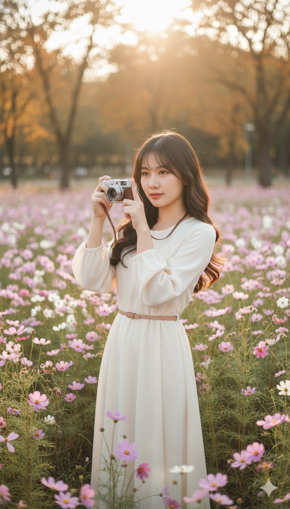 Nàng thơ giữa cánh đồng hoa cosmos với vẻ đẹp nhẹ nhàng và thanh thoát