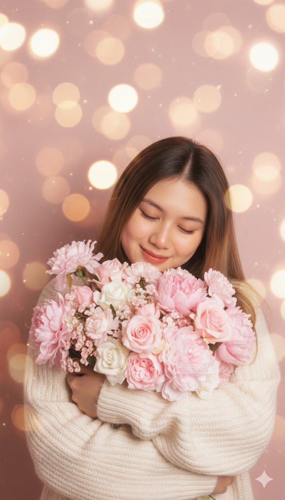 Bức chân dung cô gái dịu dàng bên bó hoa mang không khí ấm áp như câu chuyện cổ tích