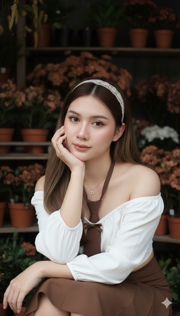 Hình ảnh cô gái xinh đẹp trong cửa hàng hoa với phong cách tự nhiên và trang phục bắt mắt