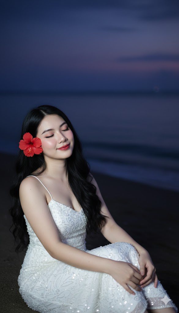 Chân dung cô gái trẻ xinh đẹp bên bờ biển vào đêm lãng mạn