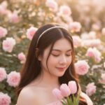 Chân dung dễ thương của cô gái giữa vườn hồng ngọt ngào và ánh sáng êm dịu