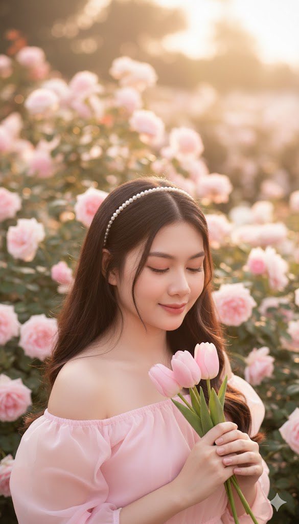 Chân dung dễ thương của cô gái giữa vườn hồng ngọt ngào và ánh sáng êm dịu