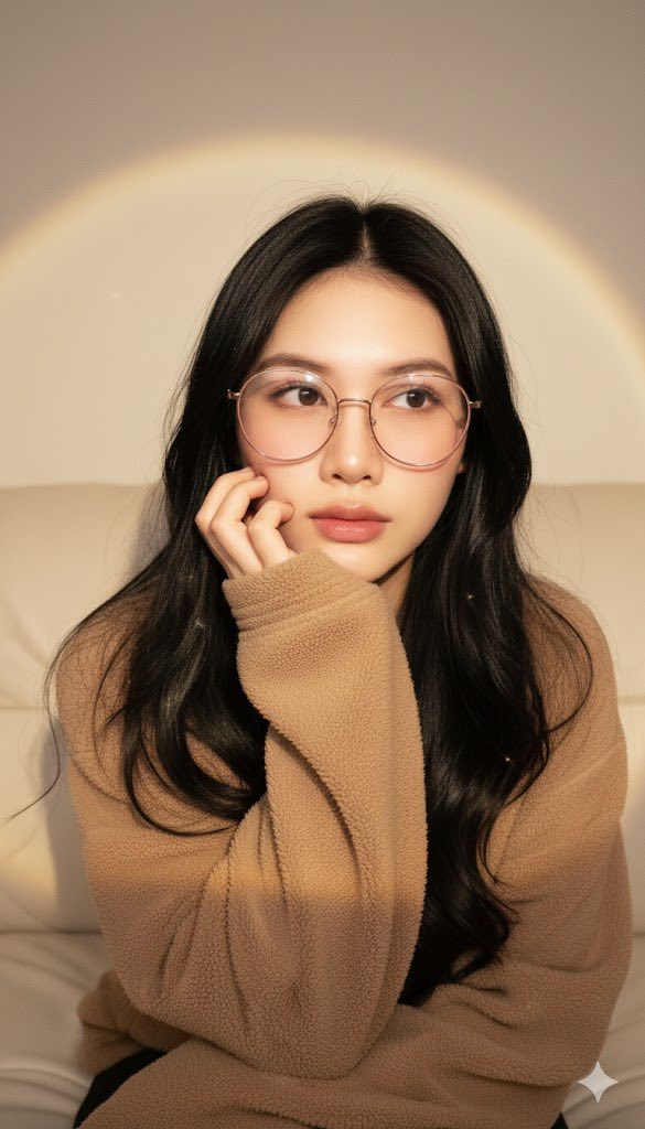 Chân dung nữ xinh đẹp với phong cách Hàn Quốc trên sofa màu kem