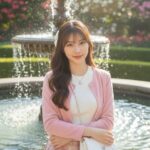 Cô gái K-Fashion ngồi bên đài phun nước giữa khu vườn đô thị xinh đẹp