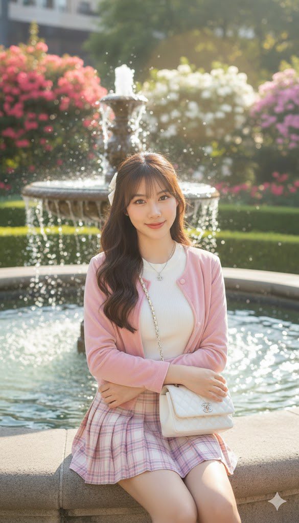 Cô gái K-Fashion ngồi bên đài phun nước giữa khu vườn đô thị xinh đẹp