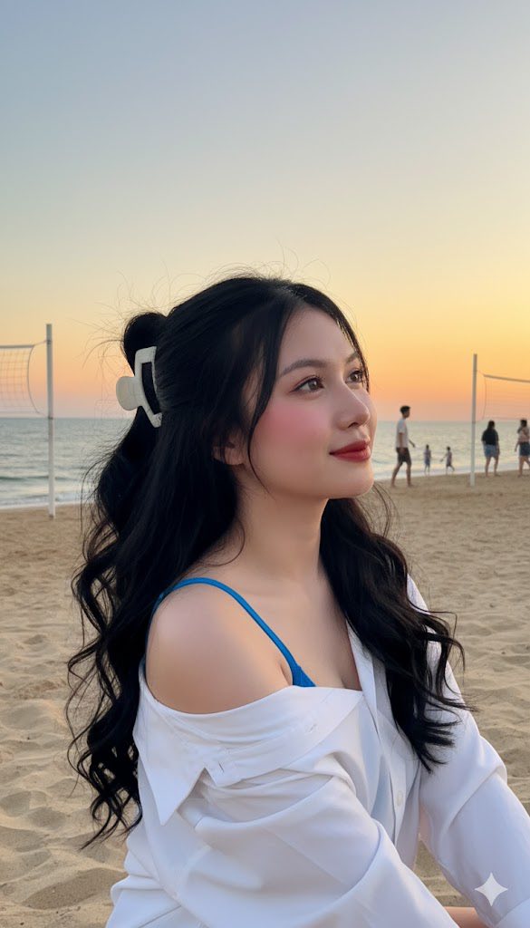 Chân dung cô gái trẻ bên bãi biển với ánh hoàng hôn tuyệt đẹp