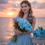 Cô gái bên biển hoàng hôn với hoa hồng xanh nhẹ nhàng và vẻ đẹp lãng mạn