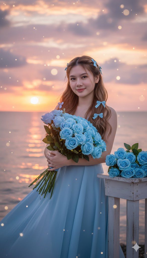 Cô gái bên biển hoàng hôn với hoa hồng xanh nhẹ nhàng và vẻ đẹp lãng mạn