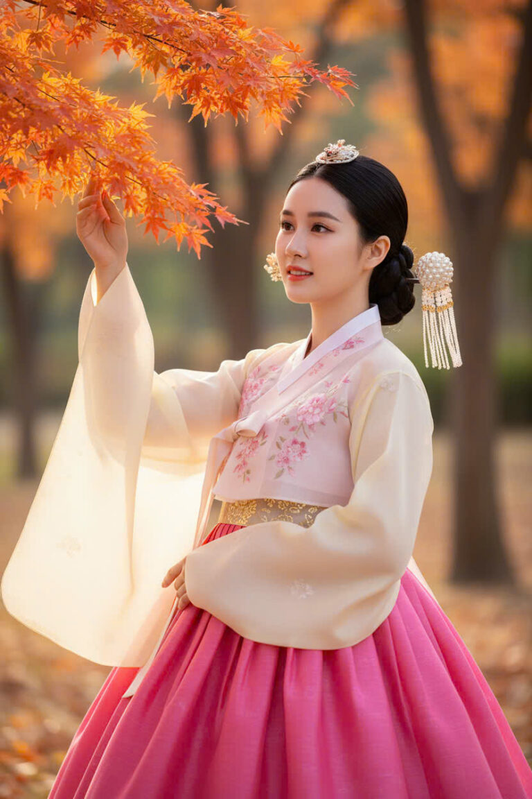 Sự thanh lịch của cô gái trong trang phục hanbok giữa rừng phong mùa thu