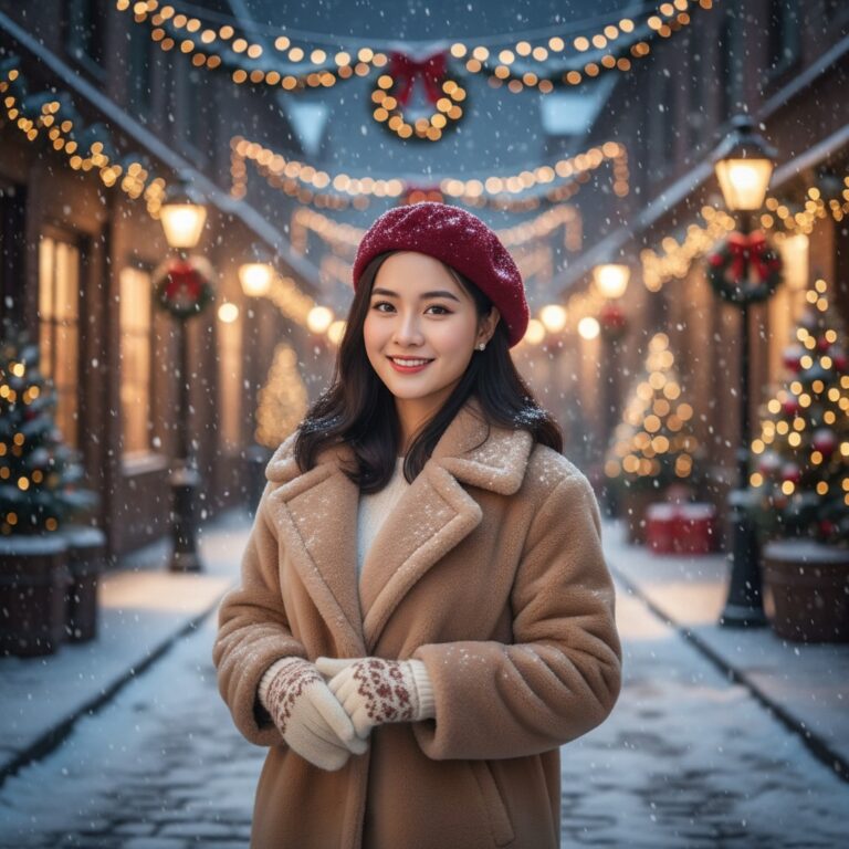 Vẽ chân dung siêu thực 8K của cô gái Việt trong không khí Giáng sinh tuyết rơi