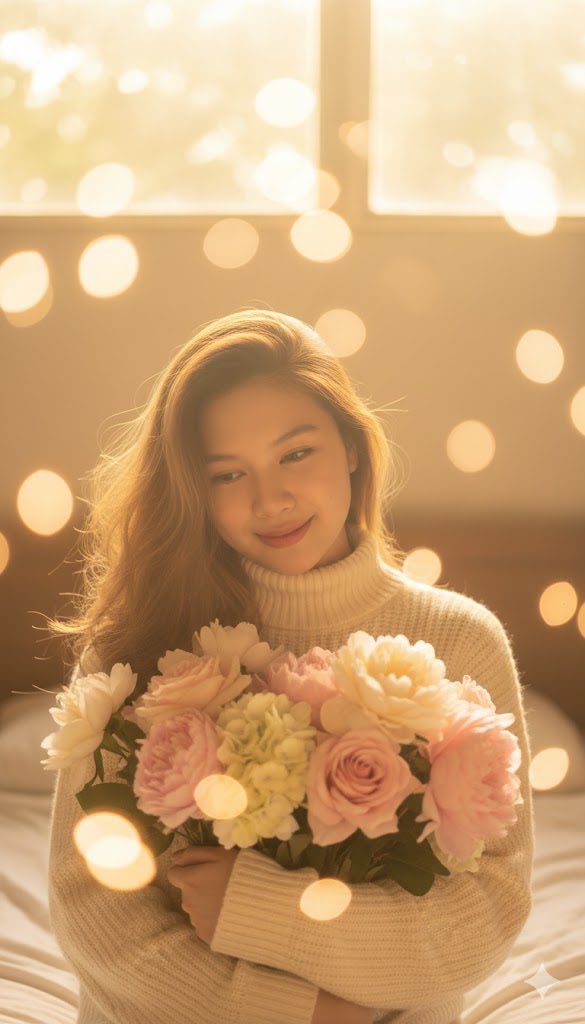 Ánh sáng vàng buổi sáng lung linh với cô gái xinh đẹp và bó hoa pastel mơ màng