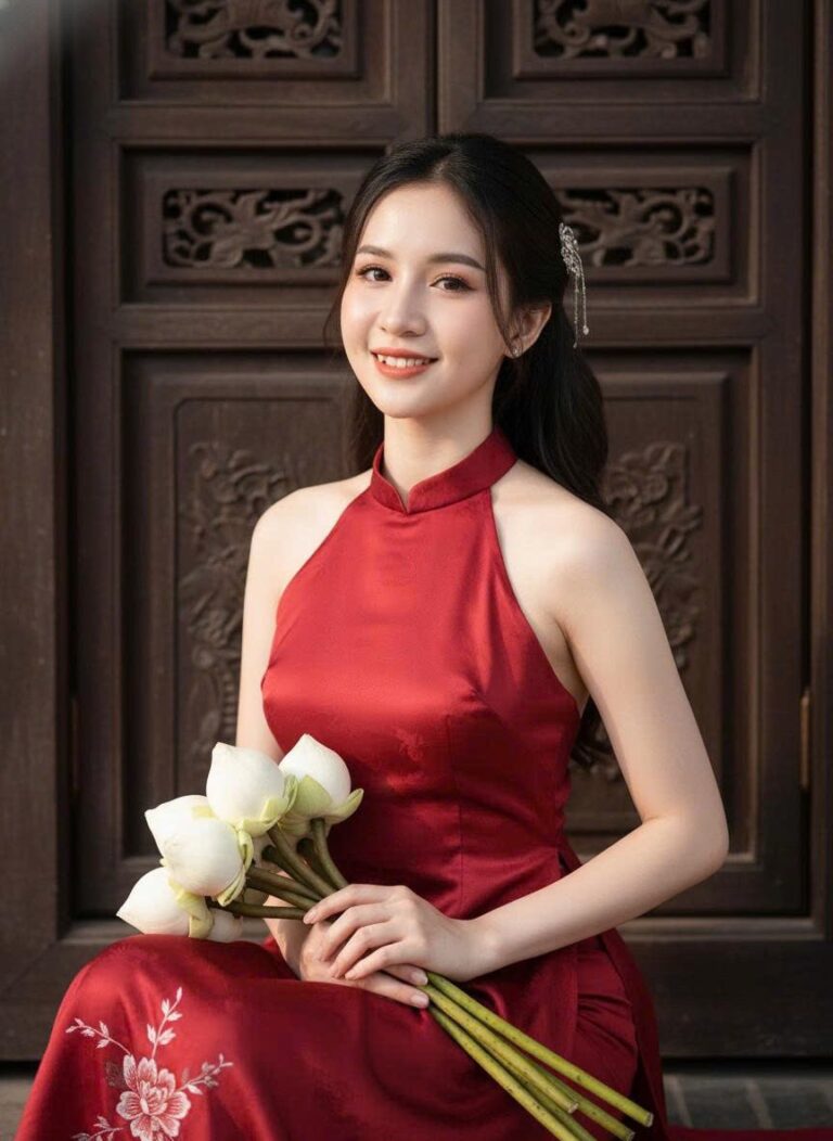 Nét đẹp ấn tượng của cô gái Việt bên cánh cửa gỗ cổ kính dưới ánh nắng chiều