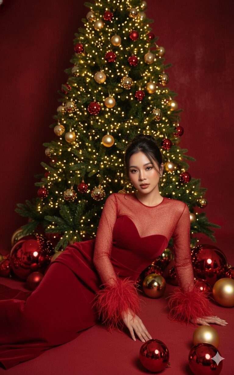 Chụp ảnh Giáng sinh sang trọng với mẫu nữ quyến rũ bên cây thông lấp lánh