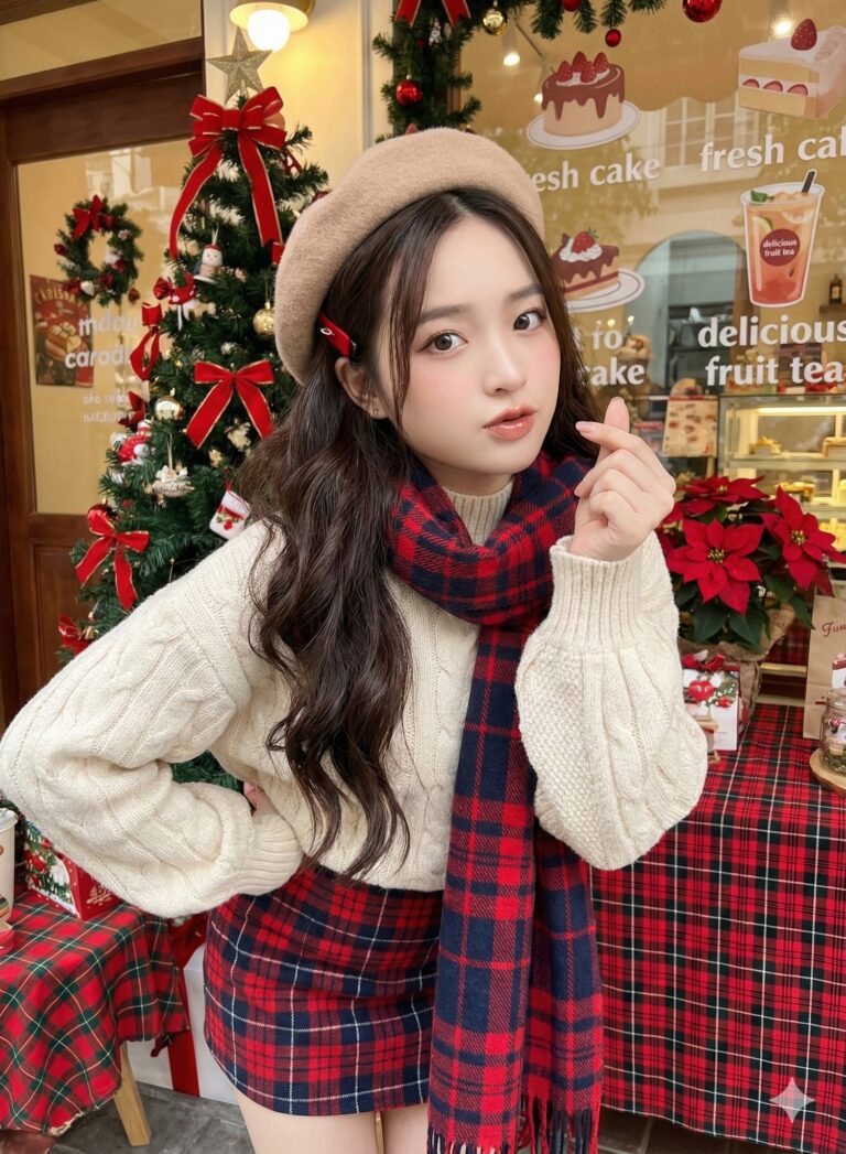 Chân dung cô gái sành điệu trước tiệm bánh trong không khí Giáng sinh ấm áp