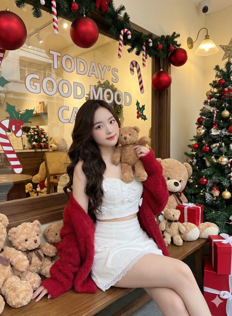 Cô gái Giáng sinh xinh đẹp với tạo dáng dễ thương bên gấu bông và không gian rực rỡ