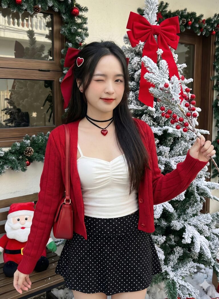 Gái xinh tháng Giêng tạo dáng bên cây thông Noel trong không khí lễ hội rộn ràng