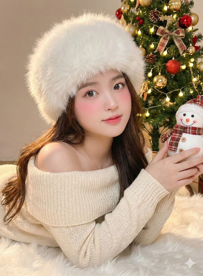 Giáng sinh đầy sắc màu với cô gái và người tuyết ngọt ngào trong không gian ấm áp