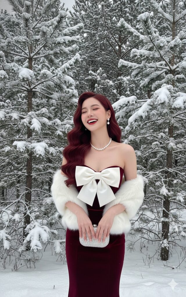 Nữ thần mùa đông với áo choàng lông và váy đỏ đắm say giữa rừng thông tuyết trắng