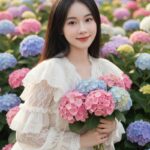 Chân dung xinh đẹp trong vườn cẩm tú cầu với ánh sáng nhẹ nhàng và sắc nét