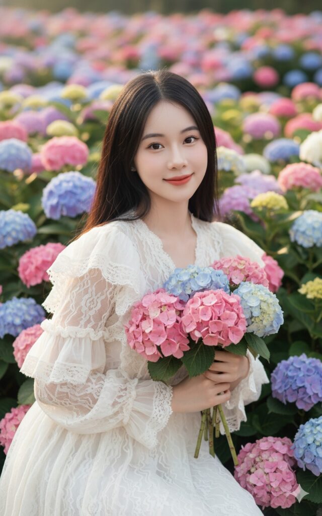 Chân dung xinh đẹp trong vườn cẩm tú cầu với ánh sáng nhẹ nhàng và sắc nét