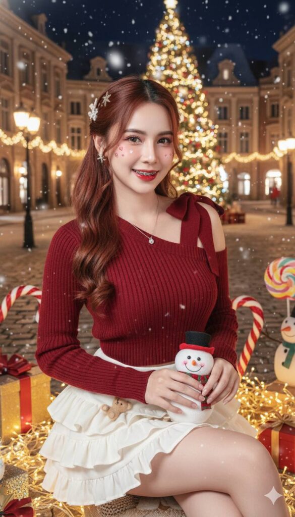 Gái đẹp dịu dàng trong không khí Giáng sinh lãng mạn giữa thành phố châu Âu