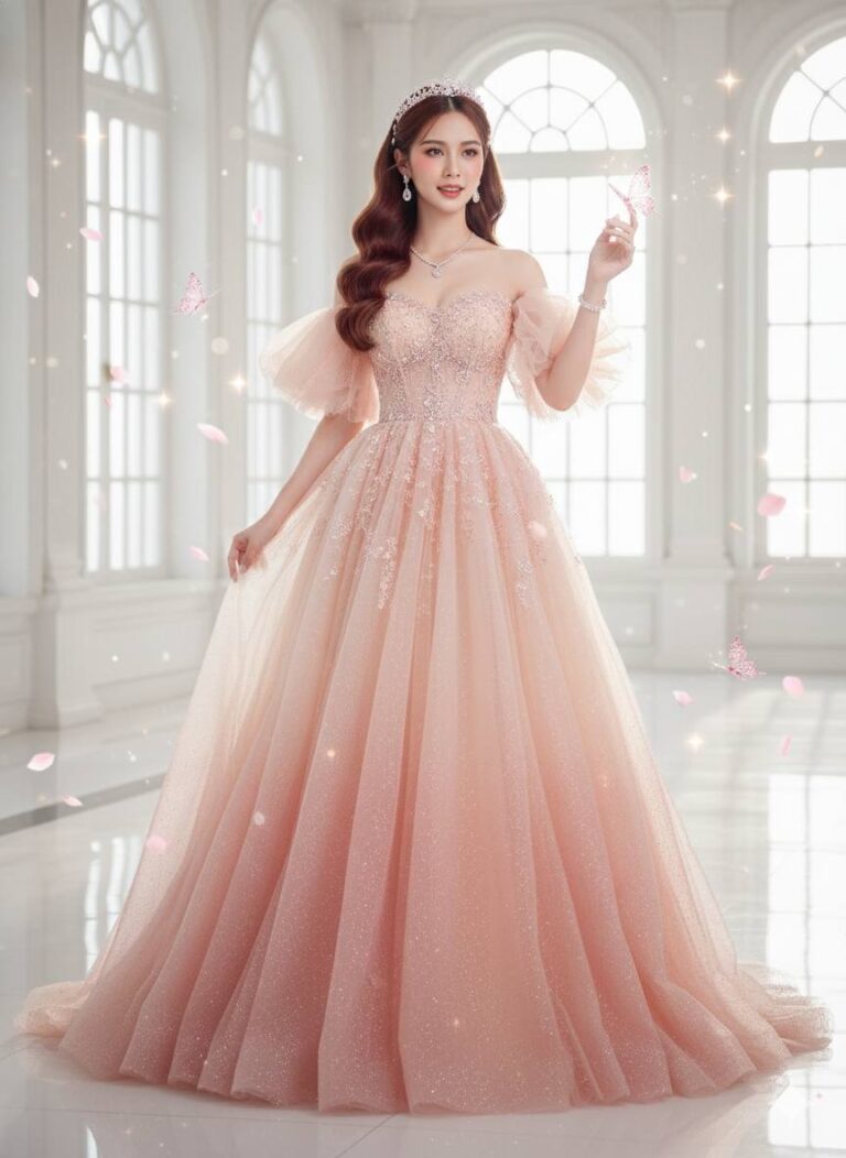 Gợi ý tiêu đề: “Chân dung công chúa trong đầm dạ hội lộng lẫy giữa không gian sang trọng”