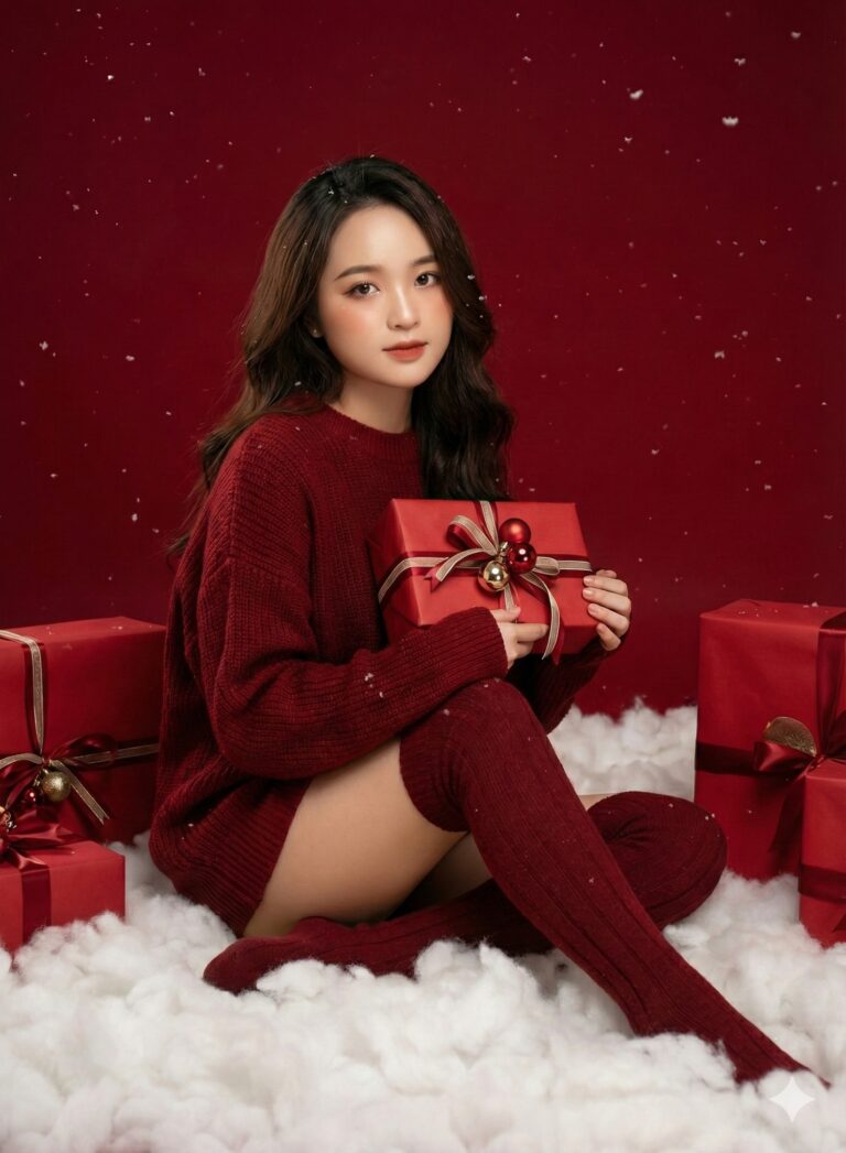 Chân dung Giáng Sinh nghệ thuật với không khí ấm áp và dịu dàng trong studio đỏ