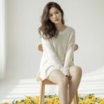 Chân dung mơ màng trong studio trắng với hoa cúc vàng và ánh sáng tự nhiên