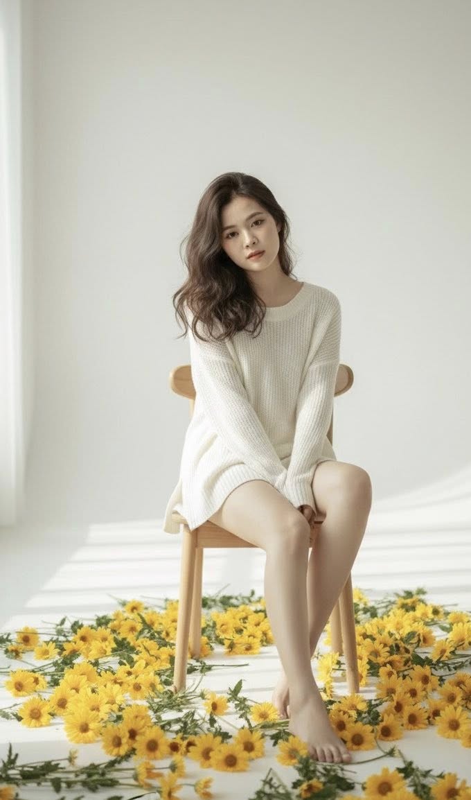 Chân dung mơ màng trong studio trắng với hoa cúc vàng và ánh sáng tự nhiên