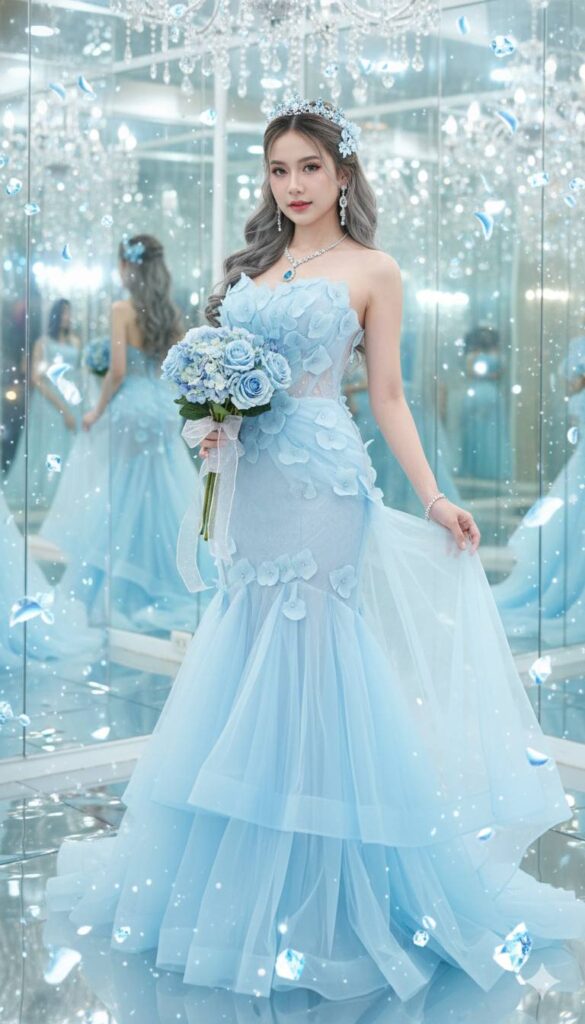 Diện đầm dạ hội xanh nhẹ và tạo dáng như công chúa trong không gian lấp lánh