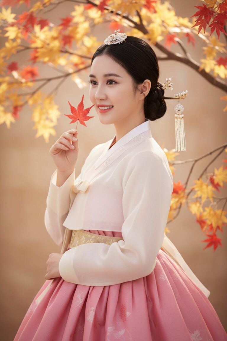Nét đẹp thanh lịch của cô gái Đông Á trong trang phục truyền thống mùa thu