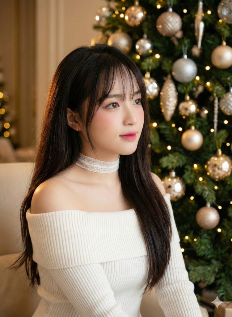 Tạo hình ảnh chân thực 8K của cô gái trẻ xinh đẹp giống idol K-Pop trong môi trường ấm cúng.