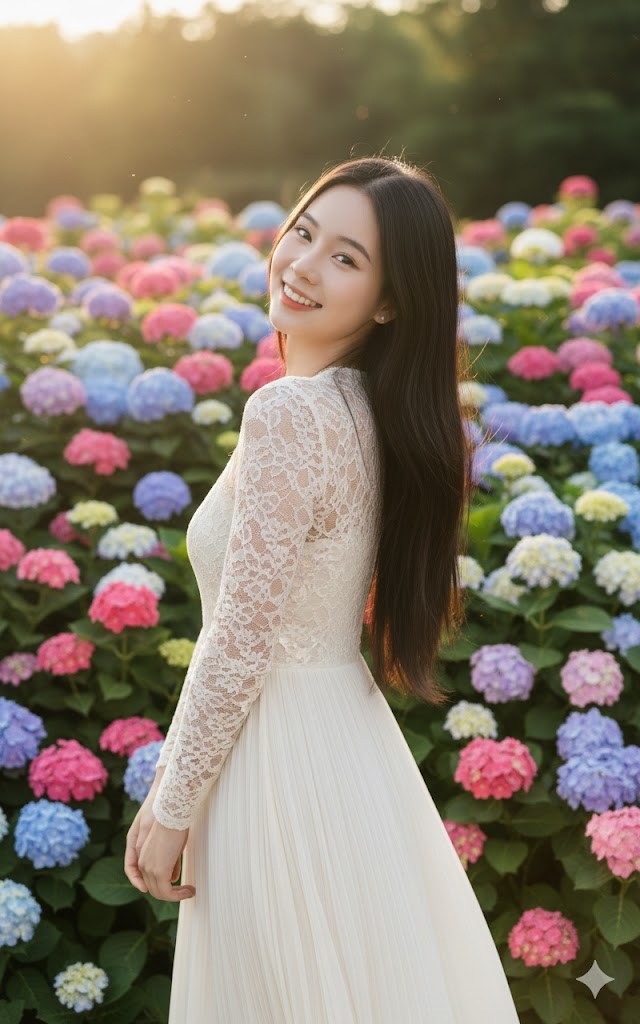 Chân dung cô gái Á Đông trong vườn hoa cẩm tú cầu đẹp rạng ngời