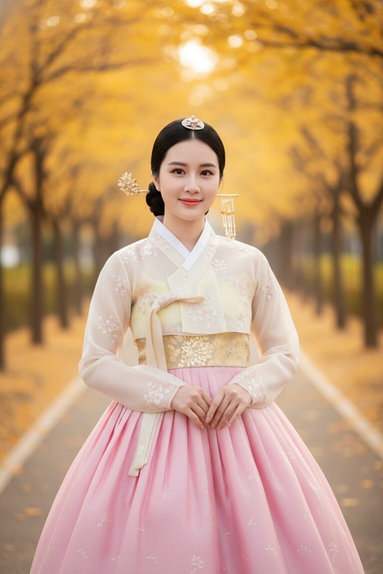 Nét đẹp thanh lịch trong trang phục truyền thống Hàn Quốc giữa khung cảnh mùa thu lý tưởng