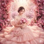 Tạo hình ảnh nàng công chúa trong bộ đầm hồng giữa vườn hoa mơ mộng