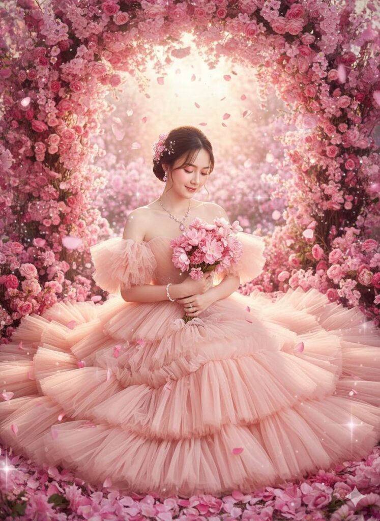 Tạo hình ảnh nàng công chúa trong bộ đầm hồng giữa vườn hoa mơ mộng
