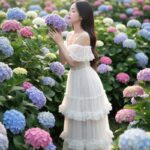 Chân dung cô gái châu Á xinh đẹp giữa vườn hoa cẩm tú cầu rực rỡ