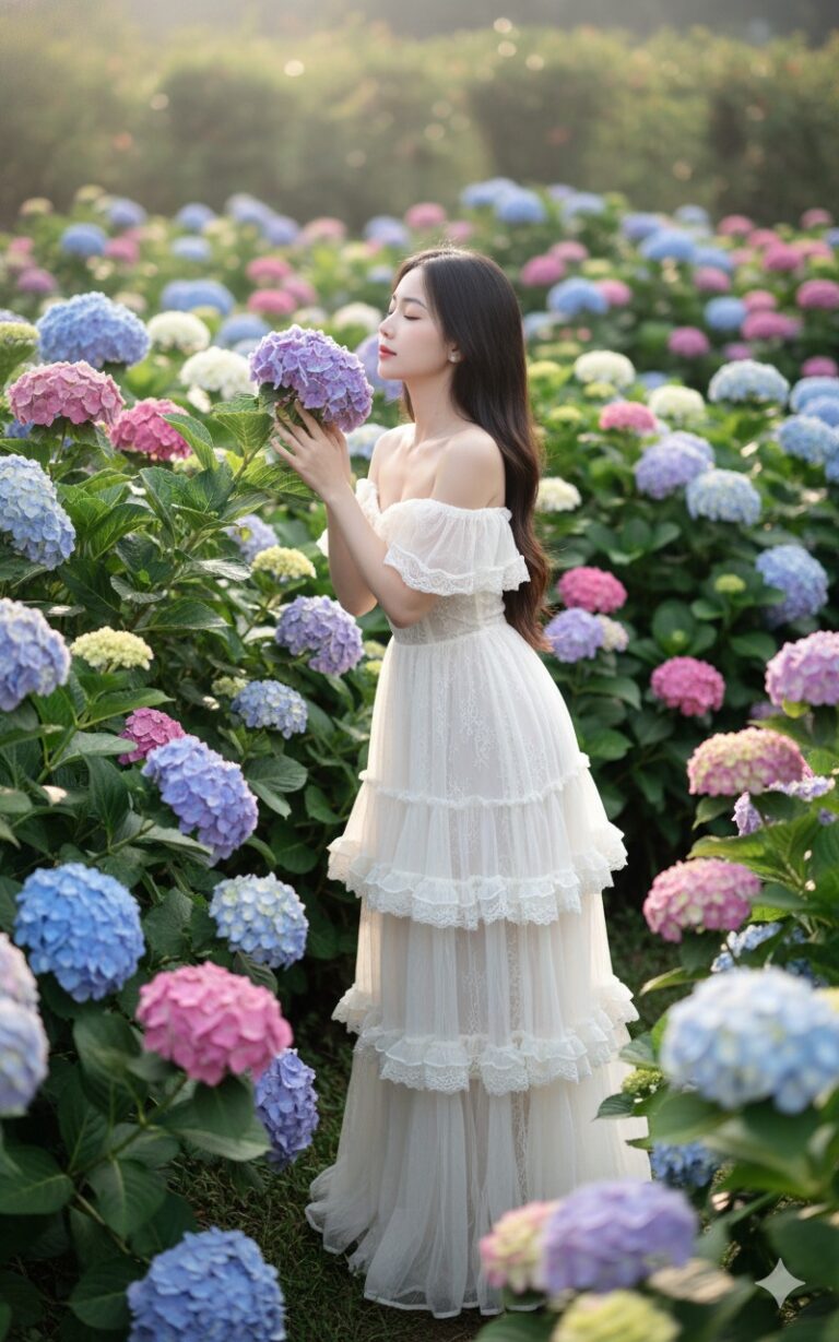 Chân dung cô gái châu Á xinh đẹp giữa vườn hoa cẩm tú cầu rực rỡ