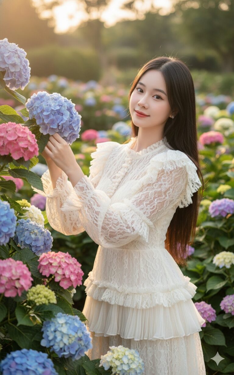 Tạo ảnh chân thực của cô gái châu Á xinh đẹp trong vườn cẩm tú cầu tuyệt đẹp